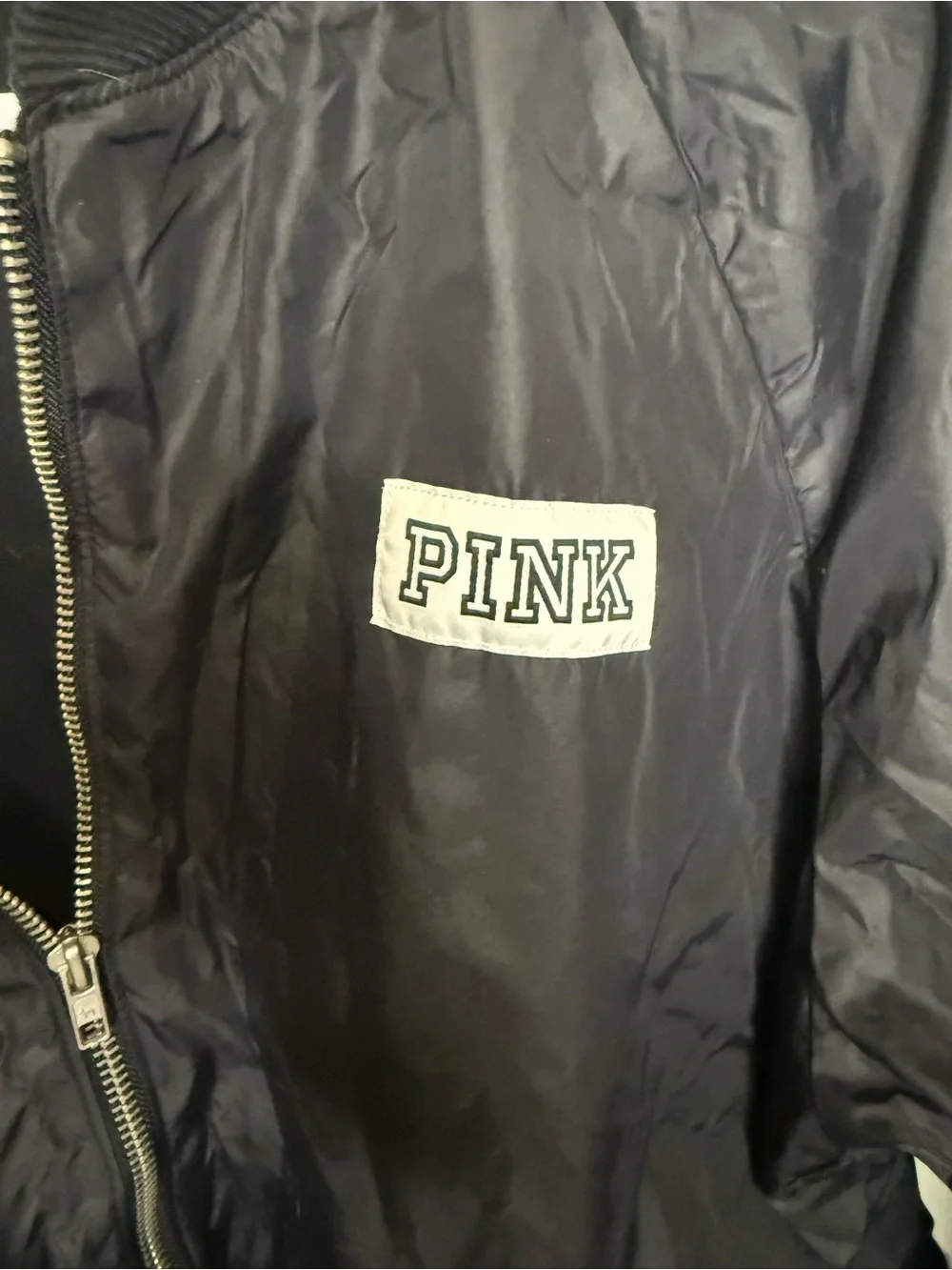PINK Victoria’s Secret Black Bomber Jacket Large Y2K Spell Out Logo - Picture 4 of 4